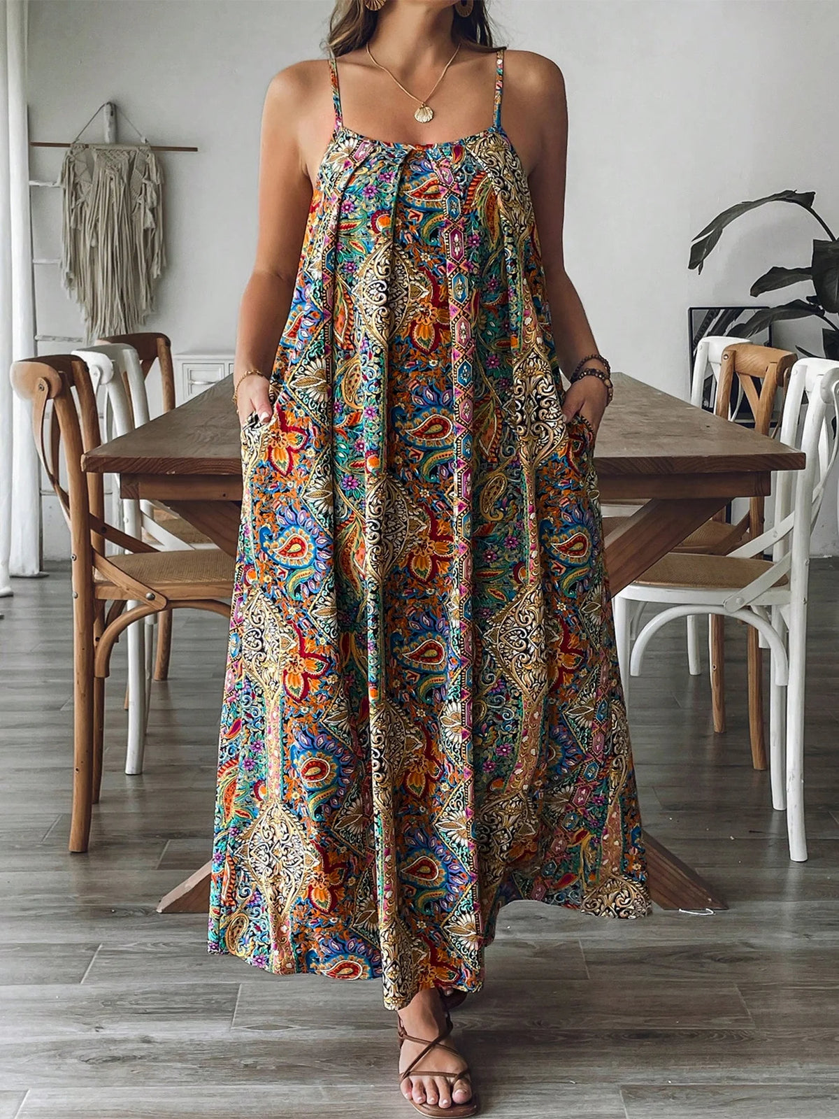 Women's Paisley Spaghetti Strap Pocket Plus Size Floral Maxi Sundress