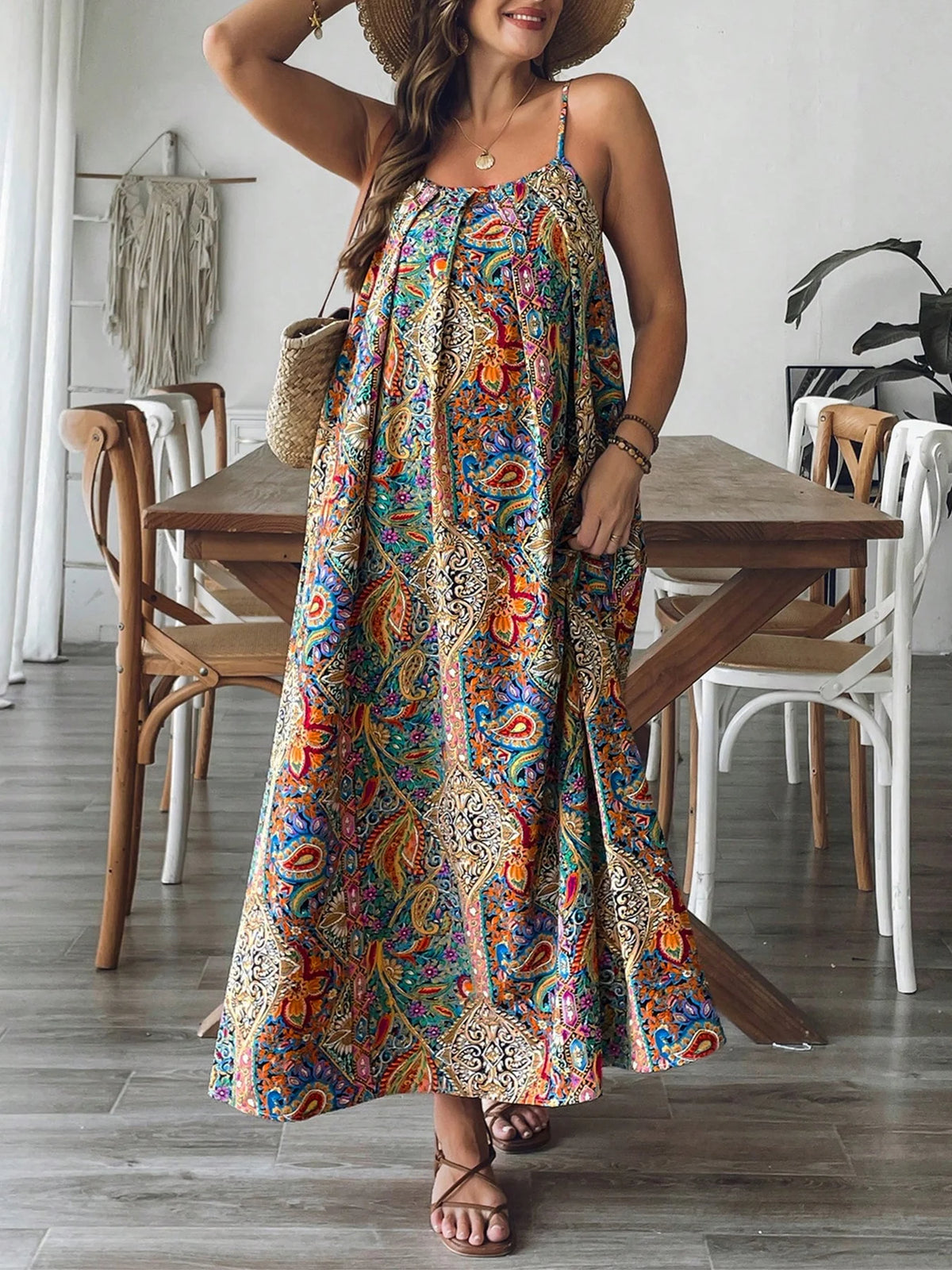 Women's Paisley Spaghetti Strap Pocket Plus Size Floral Maxi Sundress