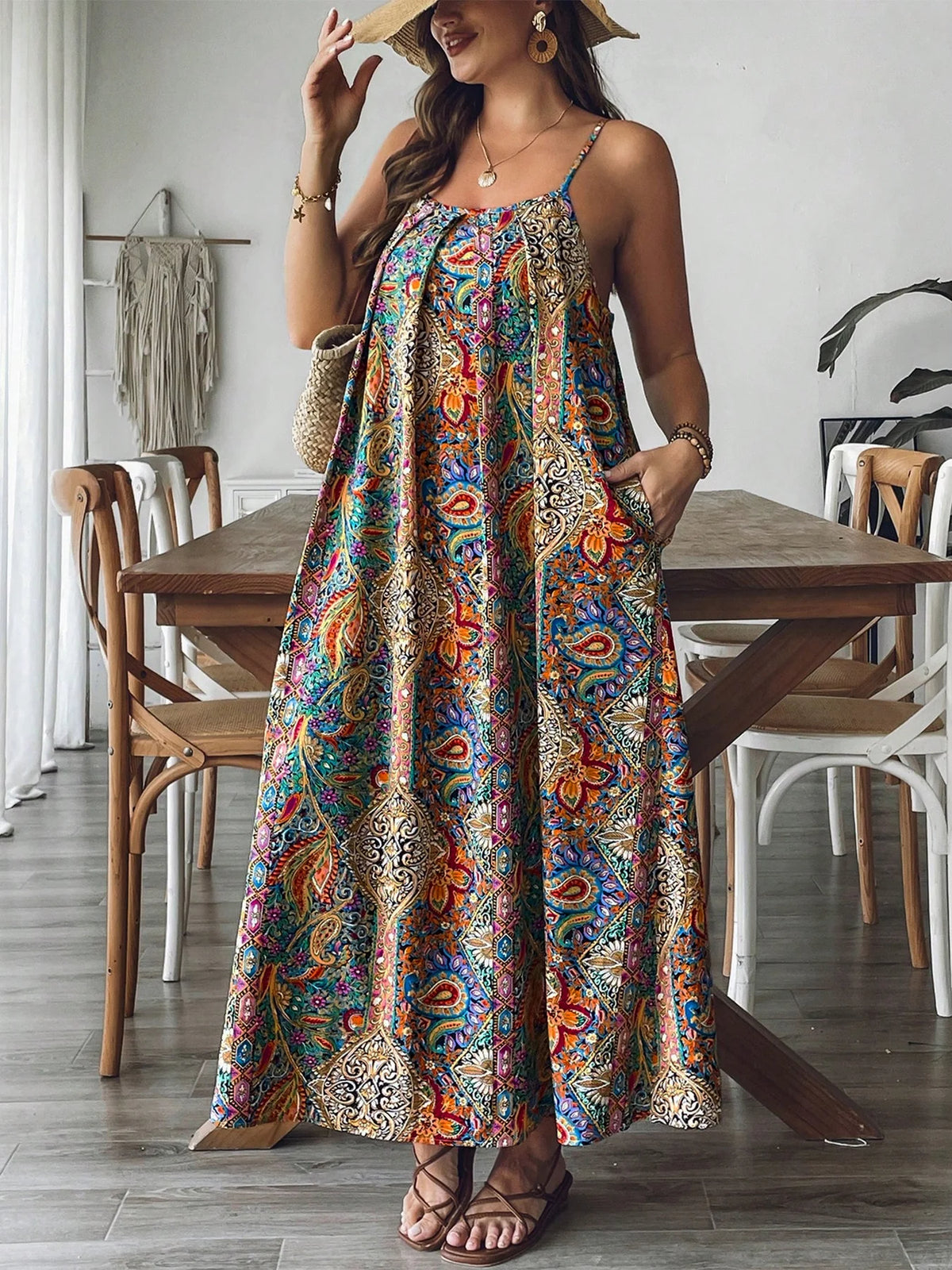 Women's Paisley Spaghetti Strap Pocket Plus Size Floral Maxi Sundress