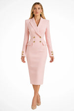 Women's Peak-Lapel Long-Sleeve Double-Breasted Blazer Midi Dress