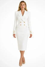 Women's Peak-Lapel Long-Sleeve Double-Breasted Blazer Midi Dress