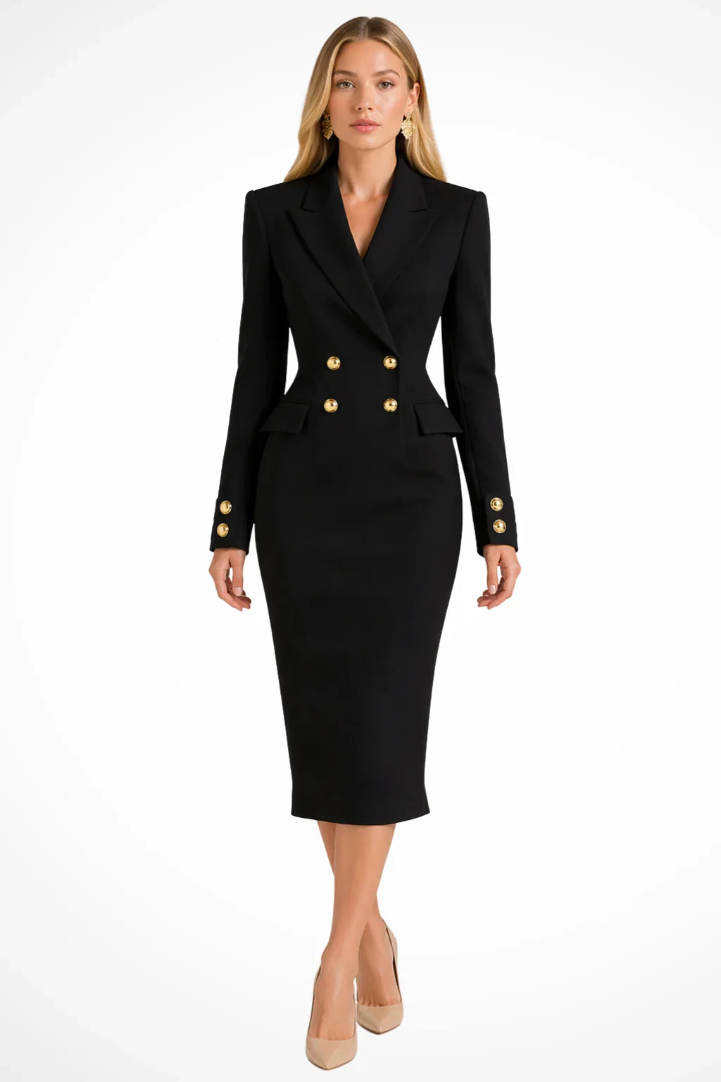 Women's Peak-Lapel Long-Sleeve Double-Breasted Blazer Midi Dress