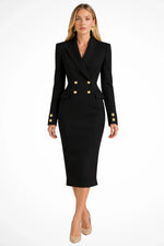 Women's Peak-Lapel Long-Sleeve Double-Breasted Blazer Midi Dress