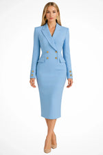 Women's Peak-Lapel Long-Sleeve Double-Breasted Blazer Midi Dress
