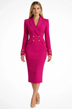 Women's Peak-Lapel Long-Sleeve Double-Breasted Blazer Midi Dress