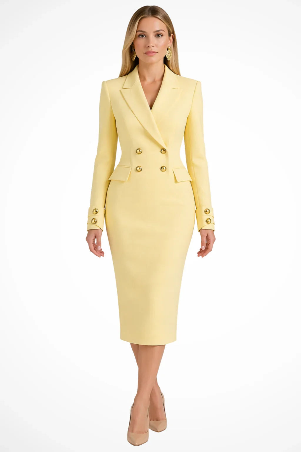 Women's Peak-Lapel Long-Sleeve Double-Breasted Blazer Midi Dress
