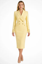 Women's Peak-Lapel Long-Sleeve Double-Breasted Blazer Midi Dress