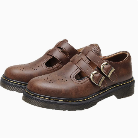 Women's Perforated Double Buckle Round Toe Mary Jane Shoes