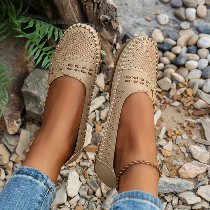 Women's Perforated Slip On Round Toe Flat Sole Shoes