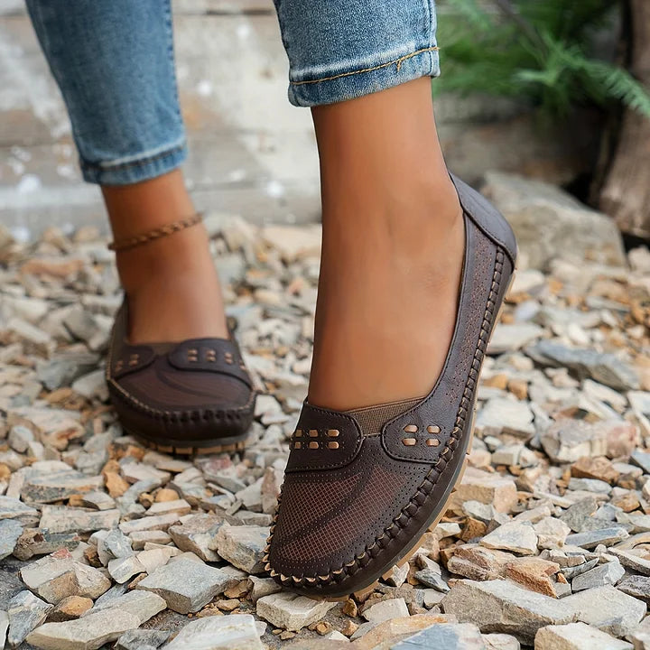 Women's Perforated Slip On Round Toe Flat Sole Shoes