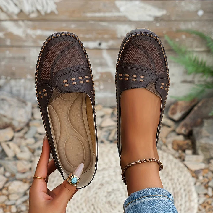 Women's Perforated Slip On Round Toe Flat Sole Shoes