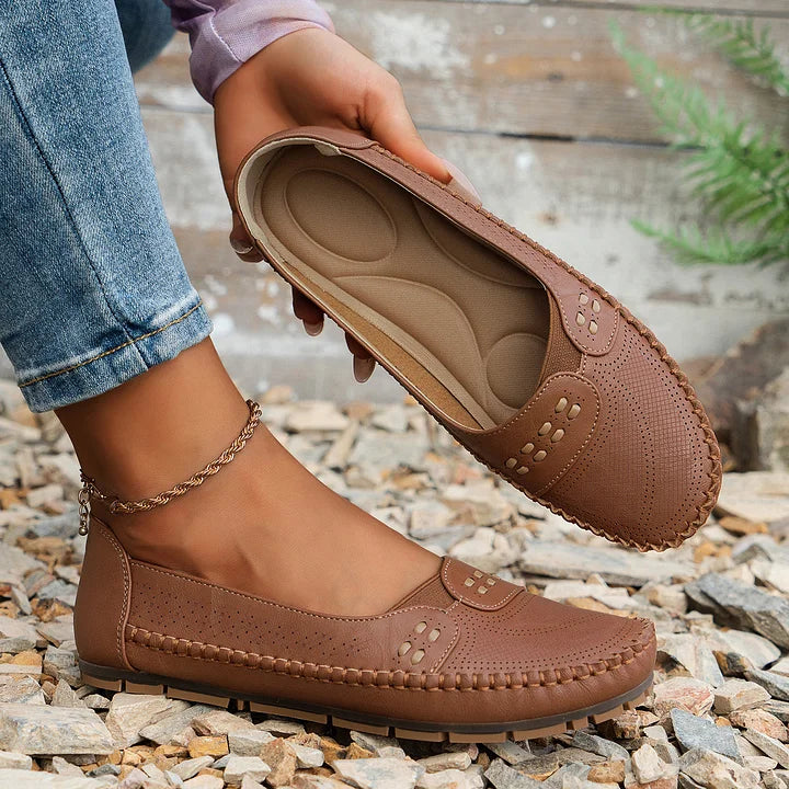 Women's Perforated Slip On Round Toe Flat Sole Shoes