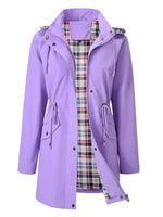 Women's Plaid-Lined Hooded Drawstring Waterproof Rain Jacket