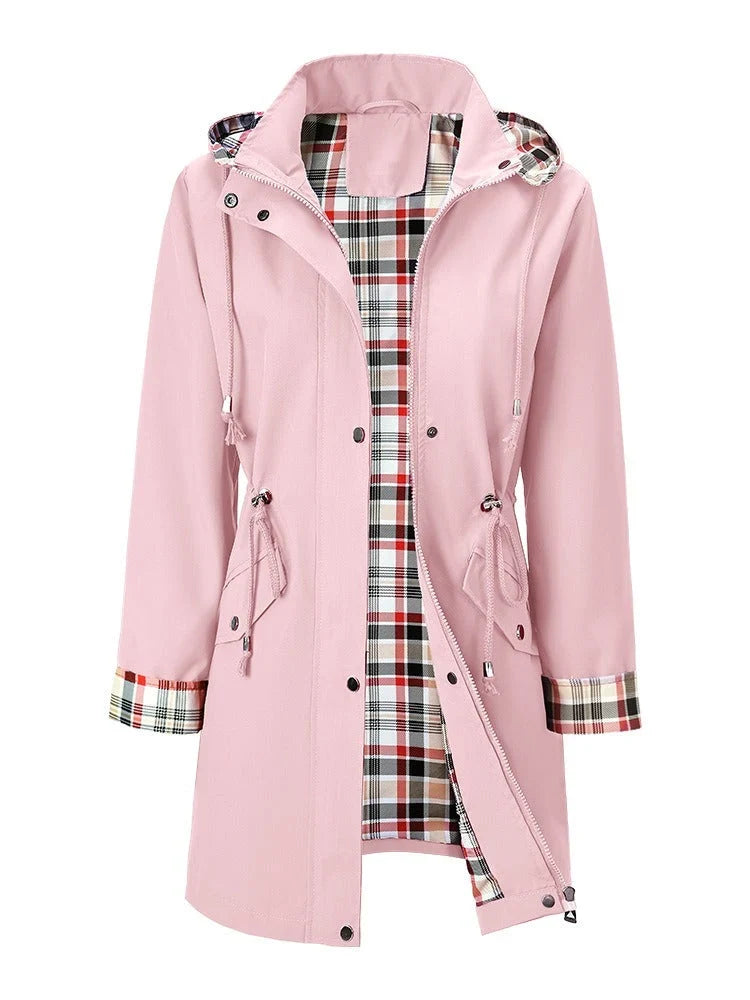 Women's Plaid-Lined Hooded Drawstring Waterproof Rain Jacket