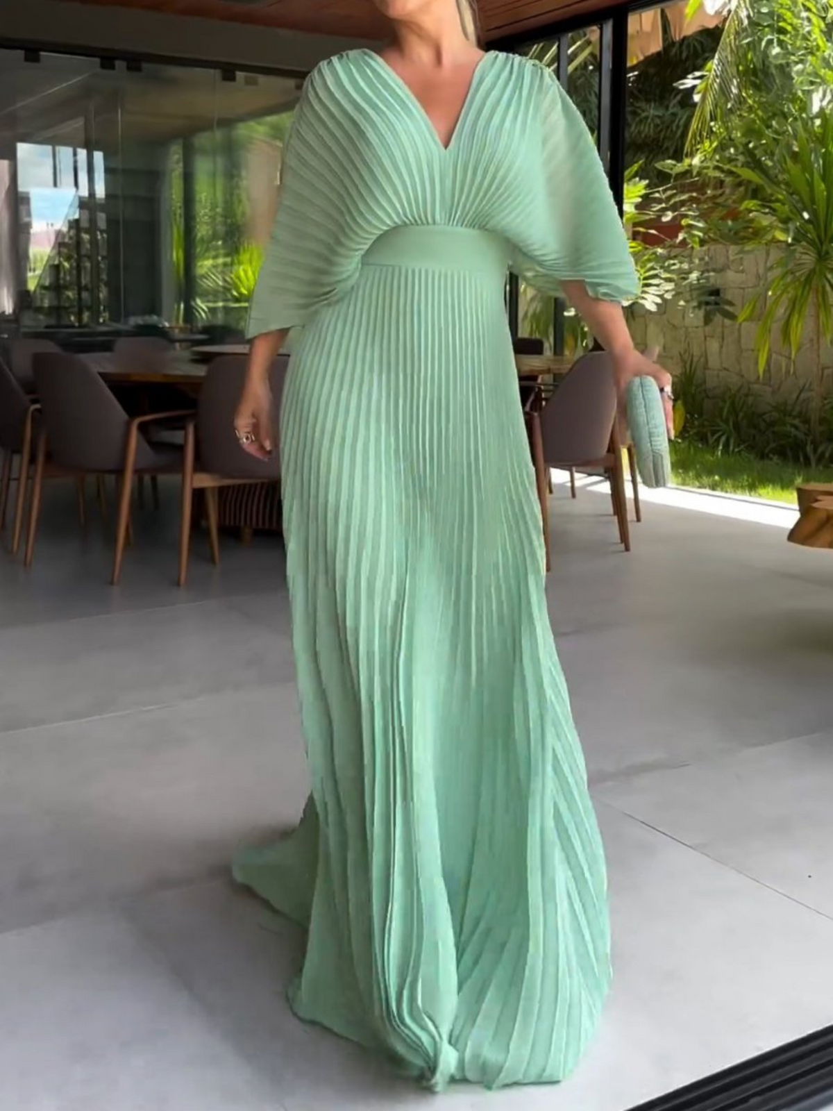 Women’s Pleated Batwing Sleeve Maxi Wedding Guest Dress