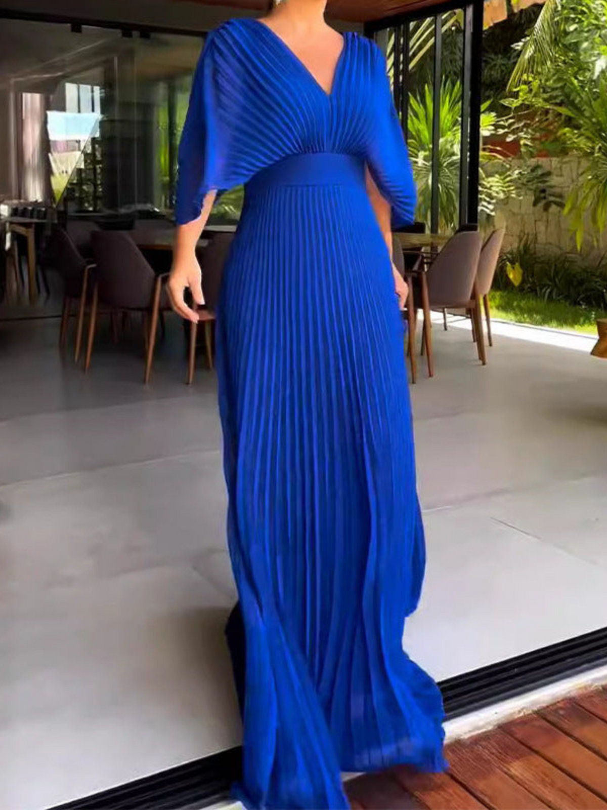 Women’s Pleated Batwing Sleeve Maxi Wedding Guest Dress