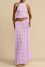 Women's Pleated Halter Backless Crop Top Maxi Skirt Set