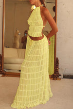 Women's Pleated Halter Backless Crop Top Maxi Skirt Set