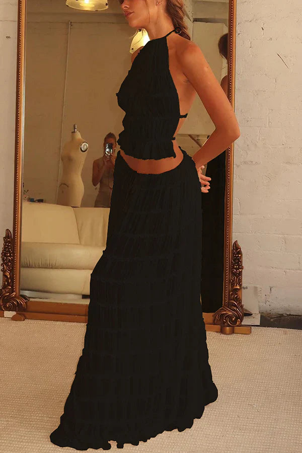 Women's Pleated Halter Backless Crop Top Maxi Skirt Set