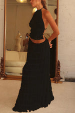 Women's Pleated Halter Backless Crop Top Maxi Skirt Set