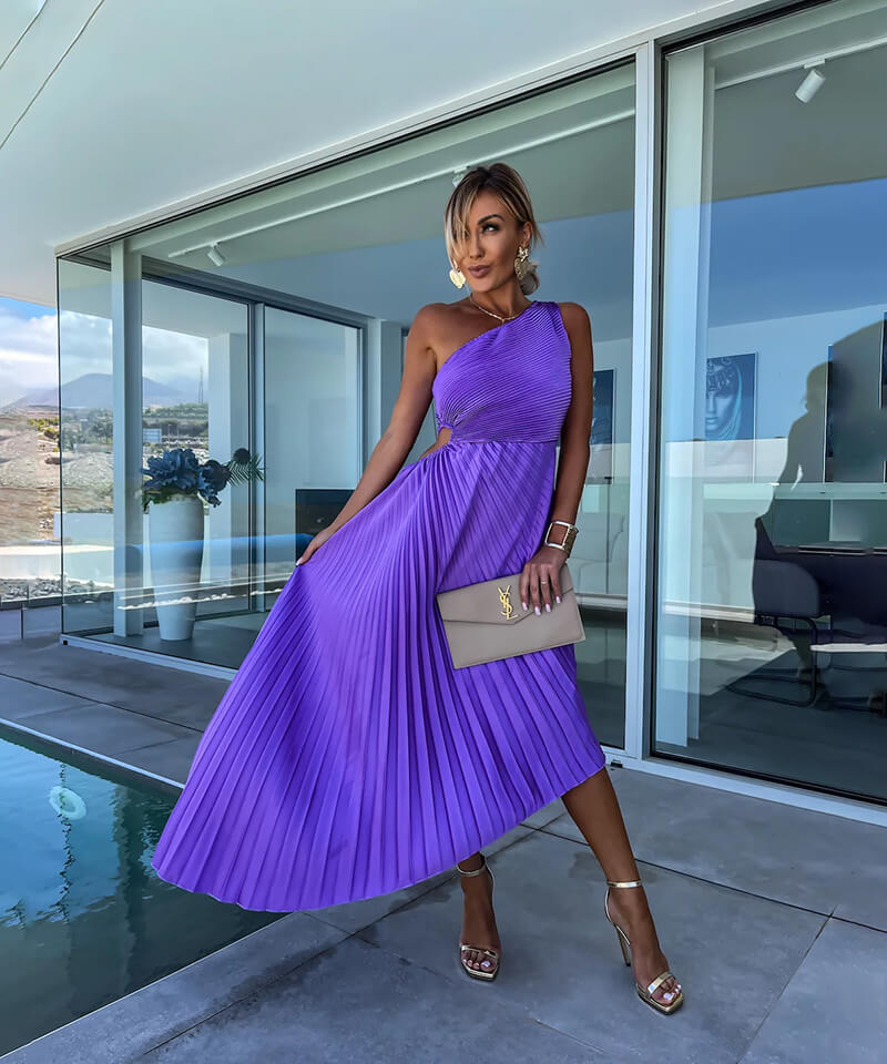 Women’s Pleated One Shoulder Cutout Asymmetrical Midi Wedding Guest Dress