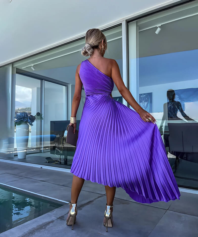 Women’s Pleated One Shoulder Cutout Asymmetrical Midi Wedding Guest Dress
