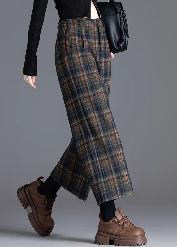 Women's Pleated Plaid Wide-Leg Cropped Pants