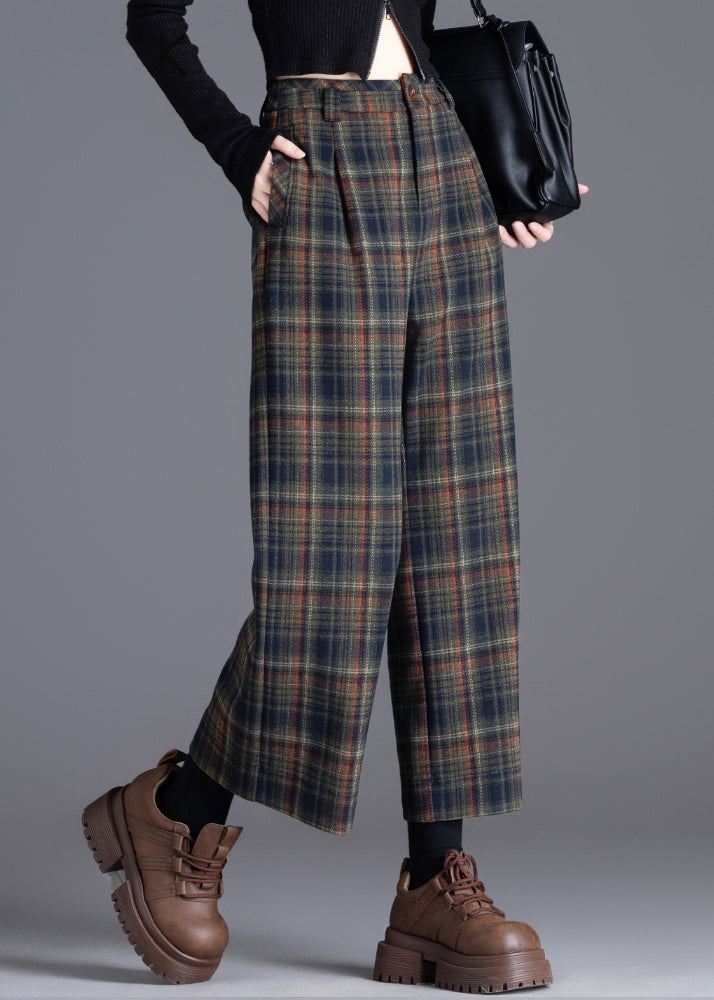 Women's Pleated Plaid Wide-Leg Cropped Pants