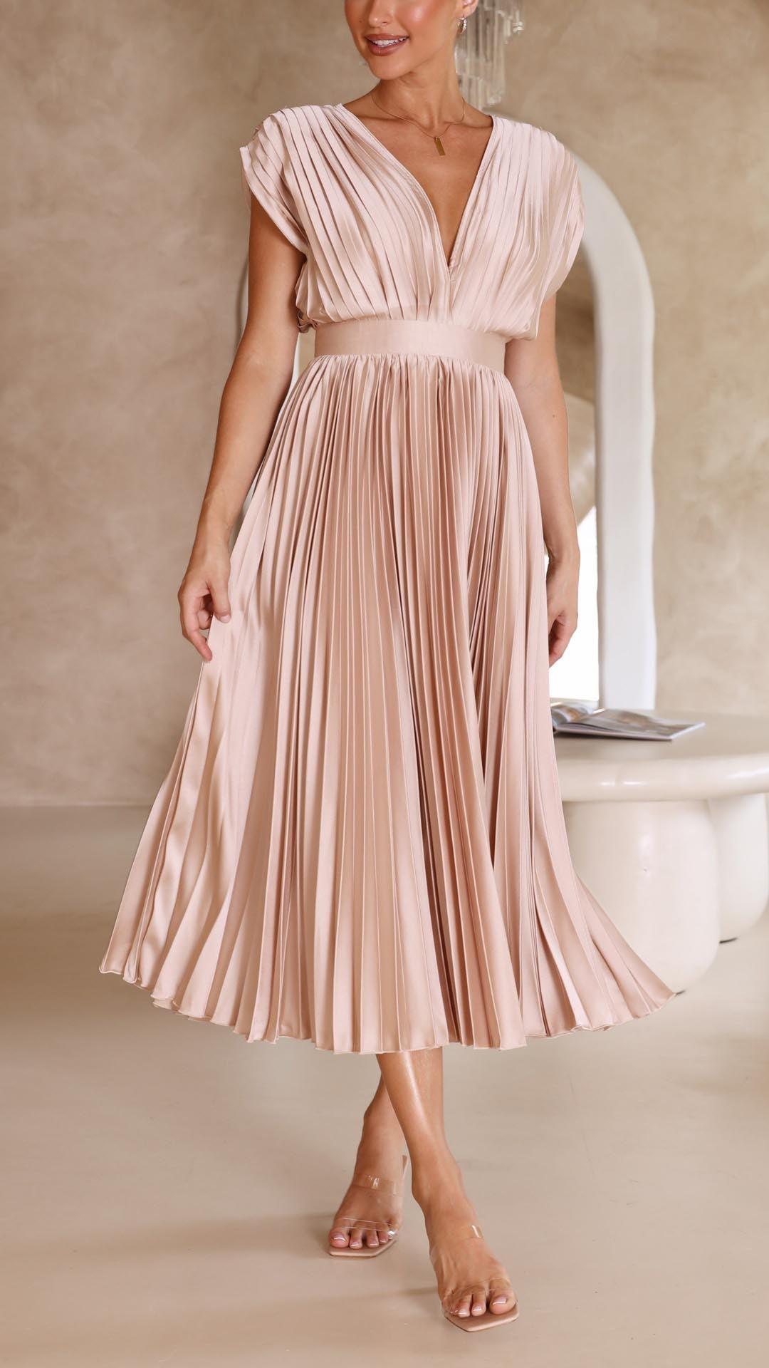 Women’s Pleated V Neck Cap Sleeve Midi Wedding Guest Dress