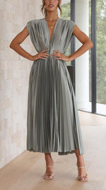 Women’s Pleated V Neck Cap Sleeve Midi Wedding Guest Dress