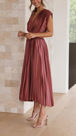 Women’s Pleated V Neck Cap Sleeve Midi Wedding Guest Dress