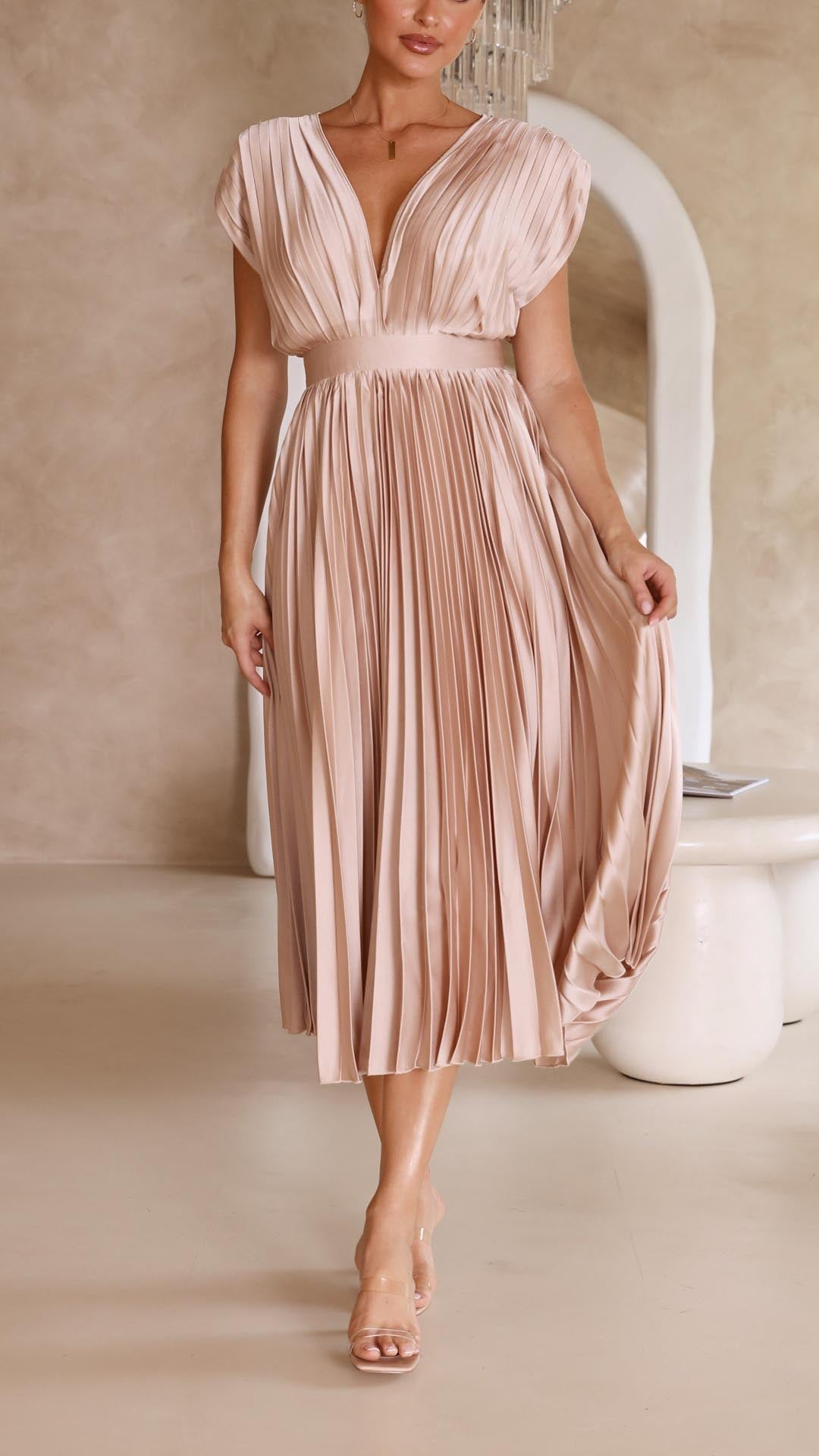 Women’s Pleated V Neck Cap Sleeve Midi Wedding Guest Dress