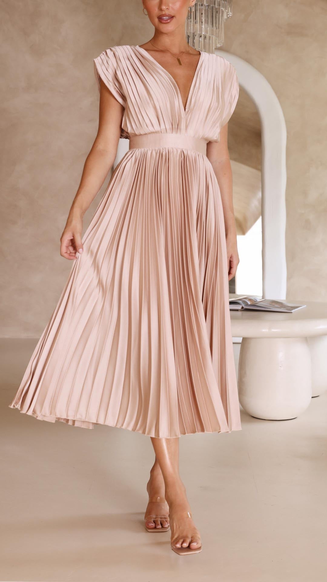 Women’s Pleated V Neck Cap Sleeve Midi Wedding Guest Dress