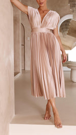 Women’s Pleated V Neck Cap Sleeve Midi Wedding Guest Dress