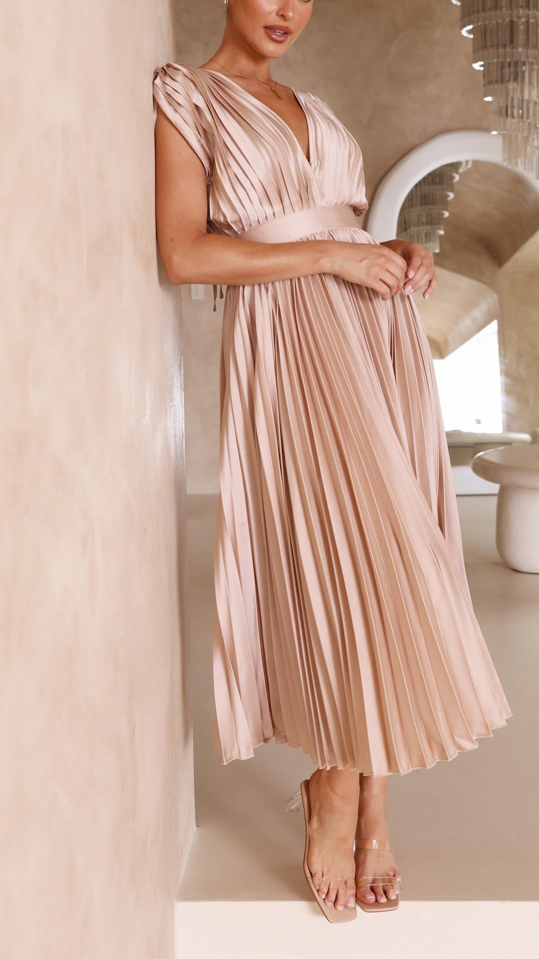 Women’s Pleated V Neck Cap Sleeve Midi Wedding Guest Dress
