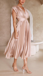 Women’s Pleated V Neck Cap Sleeve Midi Wedding Guest Dress