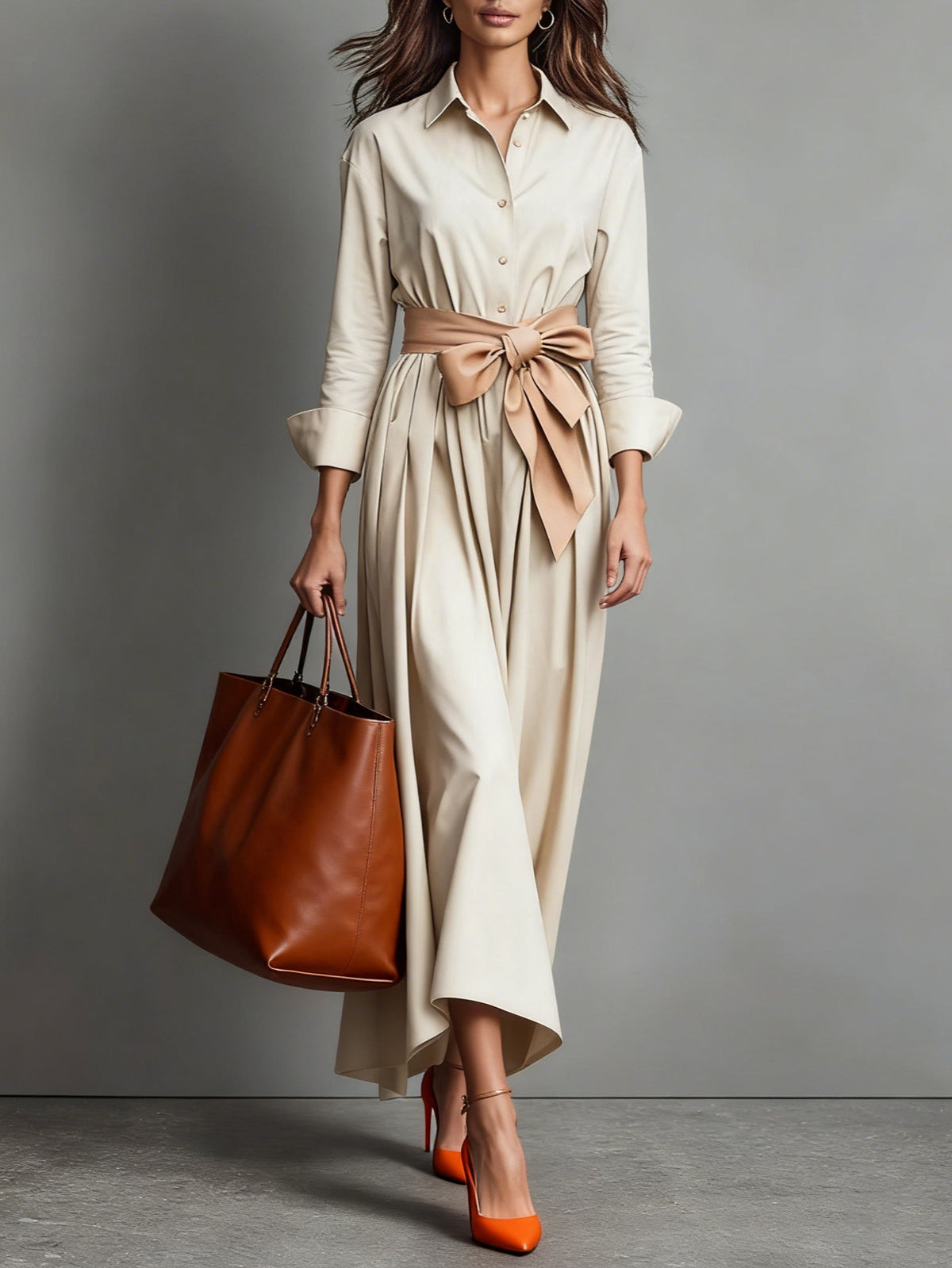Women's Pointed-Collar Midi Shirt Dress