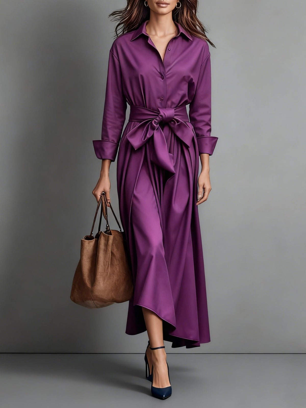Women's Pointed-Collar Midi Shirt Dress