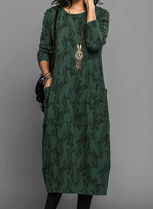Women's Printed Round-Neck Long-Sleeve Midi Winter Dress
