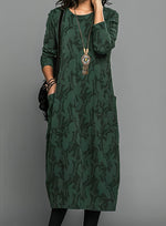 Women's Printed Round-Neck Long-Sleeve Midi Winter Dress