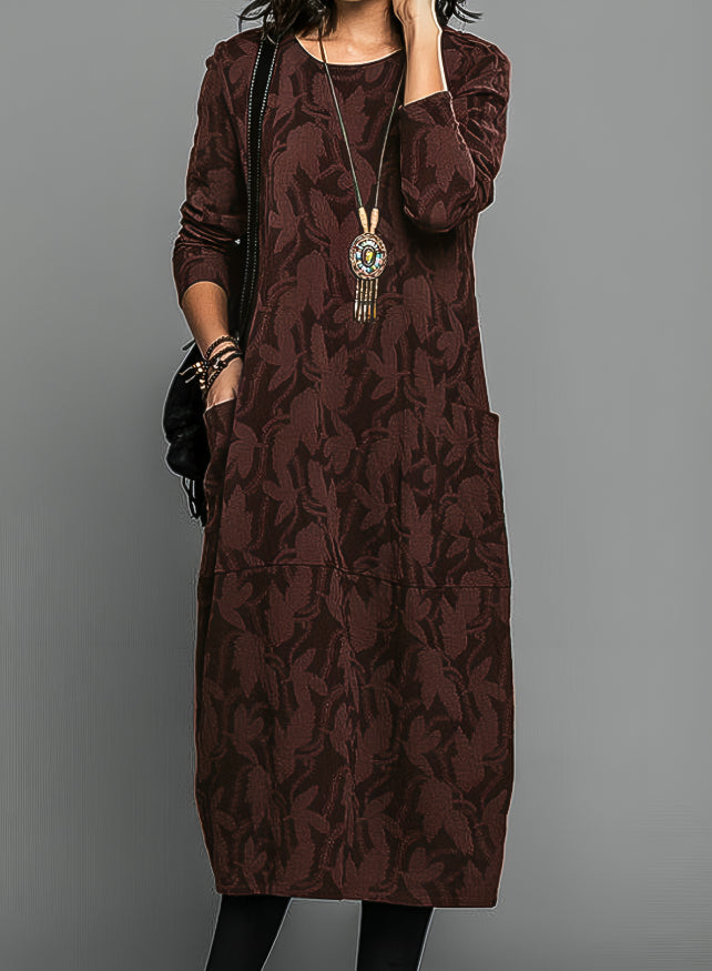 Women's Printed Round-Neck Long-Sleeve Midi Winter Dress