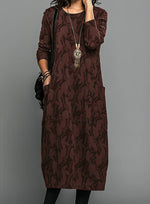 Women's Printed Round-Neck Long-Sleeve Midi Winter Dress