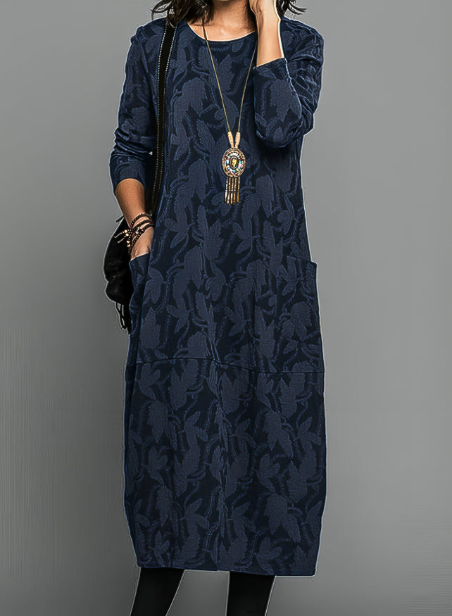 Women's Printed Round-Neck Long-Sleeve Midi Winter Dress