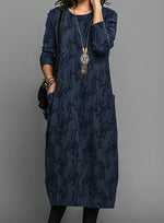 Women's Printed Round-Neck Long-Sleeve Midi Winter Dress