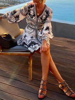 Women’s Printed V-Neck Long Sleeve Mini Summer Dress