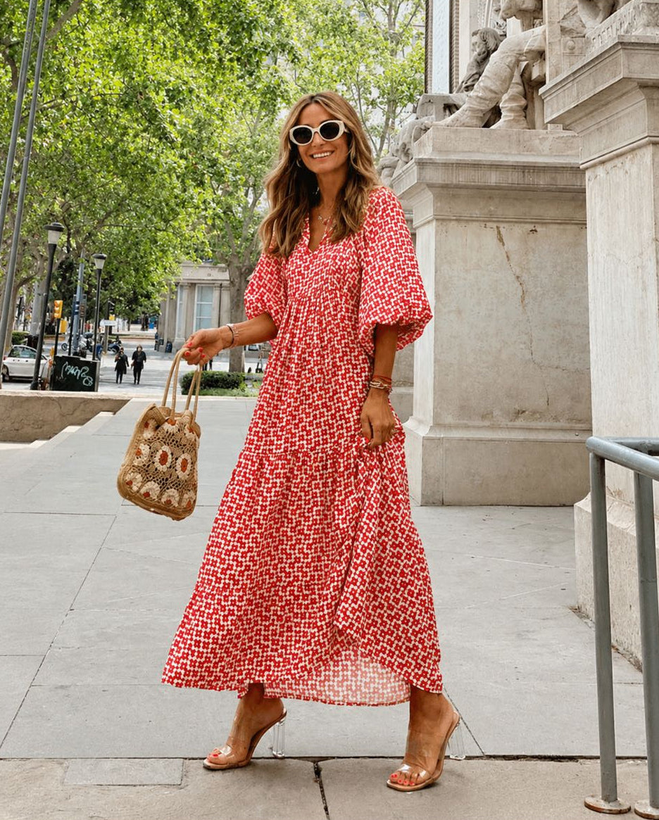 Women's Printed V Neck Puff Sleeve Tiered Ruffle Hem Long Maxi Dress