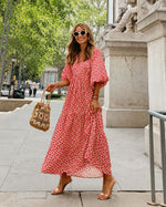 Women's Printed V Neck Puff Sleeve Tiered Ruffle Hem Long Maxi Dress