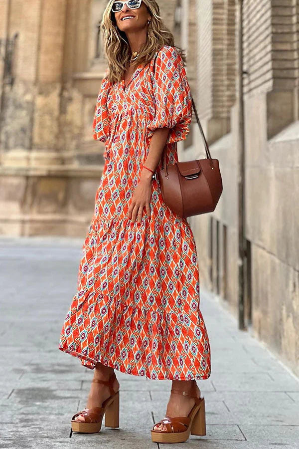 Women's Printed V Neck Puff Sleeve Tiered Ruffle Hem Long Maxi Dress