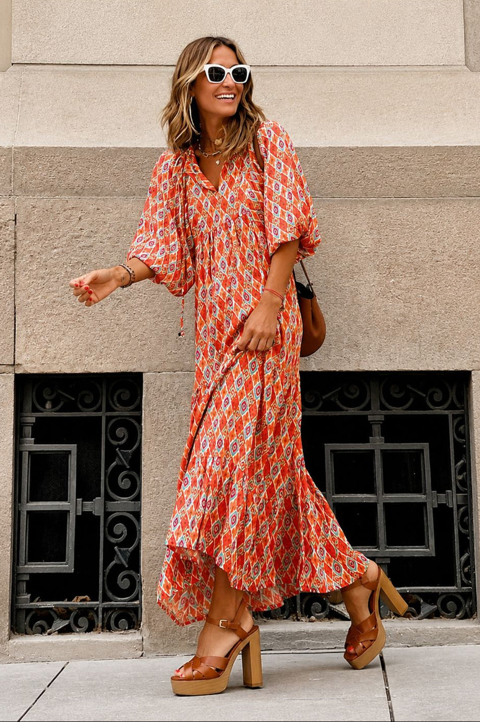 Women's Printed V Neck Puff Sleeve Tiered Ruffle Hem Long Maxi Dress
