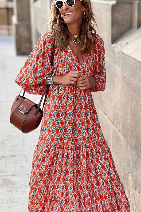 Women's Printed V Neck Puff Sleeve Tiered Ruffle Hem Long Maxi Dress